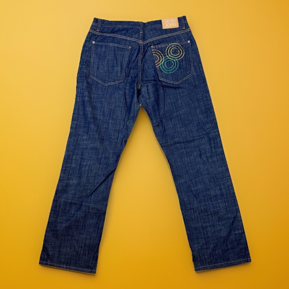 Y2K Sean John Baggy Jeans 34x32 Hip Hop Streetwear Embroidered Back Dark Wash